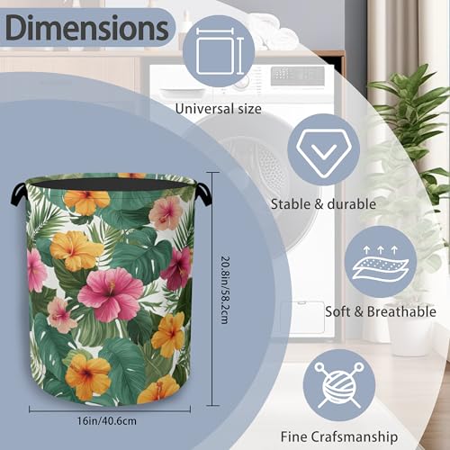 Hibiscus Laundry Basket,Palm Leaves Foldable Oxford Cloth Tote Bag Laundry Hamper Clothes Storage Bucket Organizer for Bedroom Laundry Storage Dormitories 16" x 20.8" - color: Hibiscus Palm Leaves