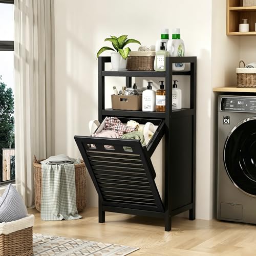 VASMIA Tilt Out Laundry Hamper,Bamboo Laundry Storage Cabinet with Shelf,10 Gal Hidden Laundry Basket Organizer for Bathroom,Laundry Room,Black - color: Black, size: 15.8"L x 13.6"W x 39.1"H