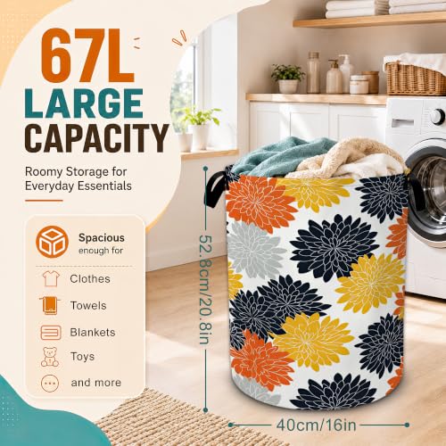 Dahlia Laundry Basket,Yellow Orange Flowers Large Collapsible Portable Round Laundry Hamper with Handles,Oxford Storage Bin for Clothes,Blankets,Bedroom,Bathroom - color: Dahlia Yellow Orange Flowers