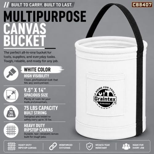 Graintex Canvas Utility Bucket 9.5"x14", Round Tool Bucket, Reinforced Base & Carry Handle, Ripstop Canvas, Ideal Multi-Purpose Bag for Jobsite, Gardening, Home Use, Tool Storage (White) - color: White