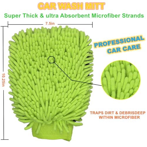 Car Wash Mitt Microfiber 2-PK, Scratch-Free & Lint-Free, Premium Chenille & Coral Fleece Double Sided, Waterproof Interior, Perfect for Car Washing & Detailing, 10.25" x 7.5", Green & Blue