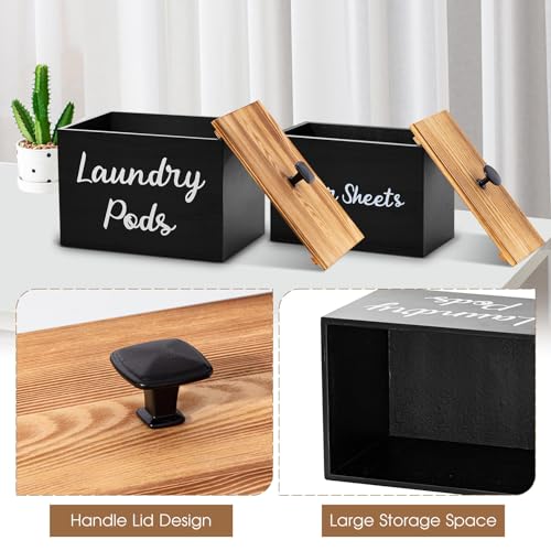 Dandat 2 Pcs Wood Rustic Laundry Dryer Sheet Holder Pod Container with Lid 8.7 x 6.3 x 6.4 Inch Laundry Pod Holder 7.3 x 3.7 x 5 Inch Dryer Sheet Dispenser Wooden Box Container(Black) - color: Black