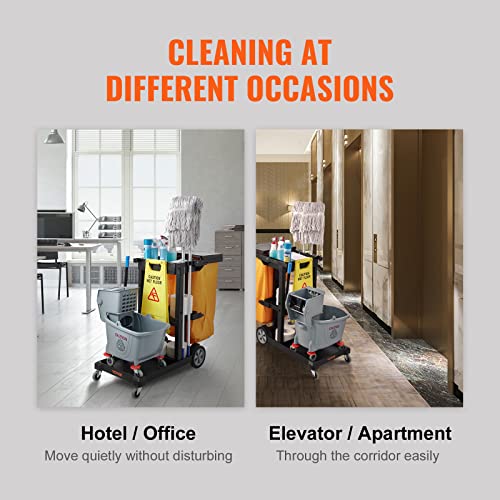 VEVOR Cleaning Cart, 3-Shelf Commercial Janitorial Cart, 200 lbs Capacity Plastic Housekeeping Cart, with 25 Gallon PVC Bag and Cover, 47 x 20 x 38.6in, Yellow&Black - color: Black+lid