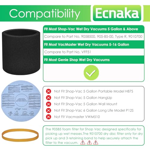 3 Pack 90585 Foam Sleeve Filter and 3 Pack 90107/90137 Wet Dry Vac Filter for Most Shop Vac 5 Gallon and Above Vacuum Cleaner,Vf2002 Dry Discs Filters with 3 Retaining Bands,Replace# 9058500, 9010700