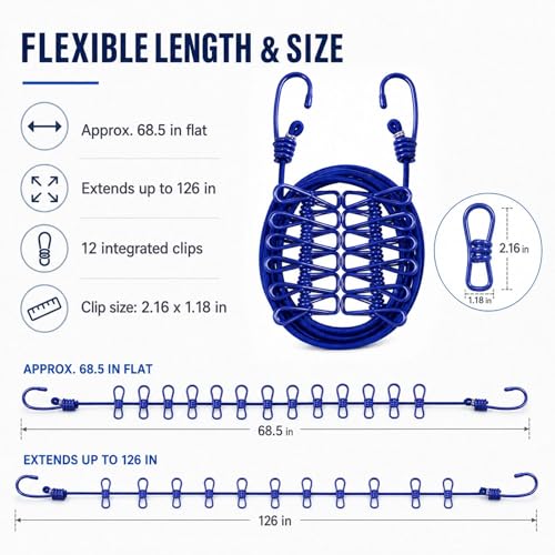Portable Clothesline with 12 Clips, Stretch Travel Drying Rope with Stainless Steel Hooks for Camping Indoor Use.(Blue) - color: Blue