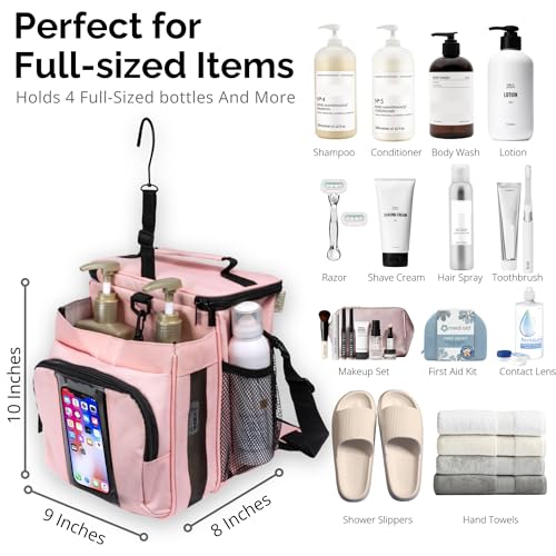 TERRA HOME XL Portable Shower Caddy Bag for Girls with Extra Storage, Durable Mesh Bottom, Shoulder Strap, Keychain Holder Shower Caddy Case for College Dorms - Travel Vacation Essentials (Blush Pink) - color: Pink