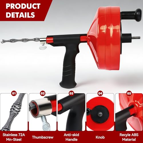 50FT Drain Auger, Dual-Mode Plumbing Snake with Drill Attachment, Sewer Pipe Clog Remover for Kitchen/Bathroom/Shower/Toilet, 6 Hair Clog Removers + Storage Bag, Destapador de tuberia (50 FT, Red) - color: Red