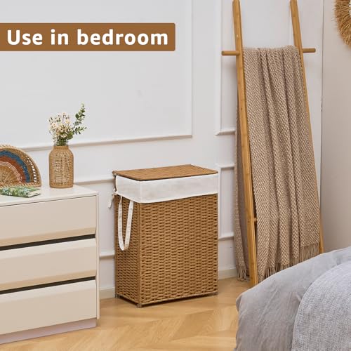 Slim Laundry Hamper with Lid, Handwoven Natural Water Hyacinth Basket - color: Brown, size: 75L