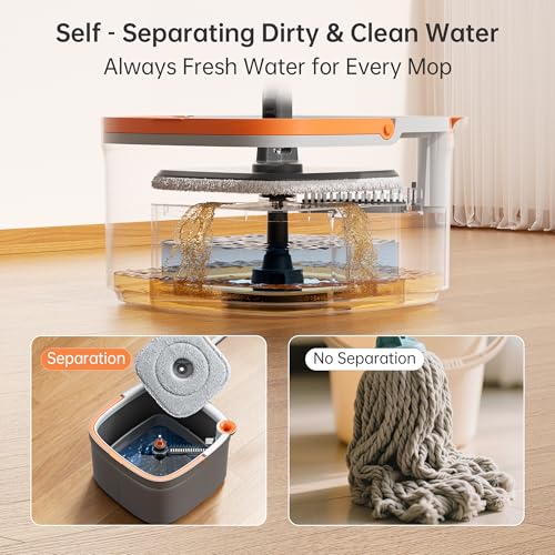 Spin Mop and Bucket Set with 2 Replaceable Microfiber Mop Pads with Self Separation Dirty and Clean Water System, Self Wringing 360° Rotating Square Mop Head for Hardwood Tile Marble Floors - color: Grey+orange+white, size: 1.0 Mop Bucket Set with 2 Pads