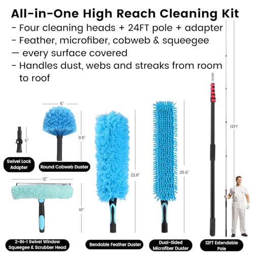 Ceiling Fan Duster Kit with 24 FT Telescoping Pole – 6-Piece Set – Screw-On Cobweb Duster & Squeegee Heads – Washable Bendable – 3/4" Universal Fit – House Cleaning Kit, Blue - size: 24ft+5PC-kit1