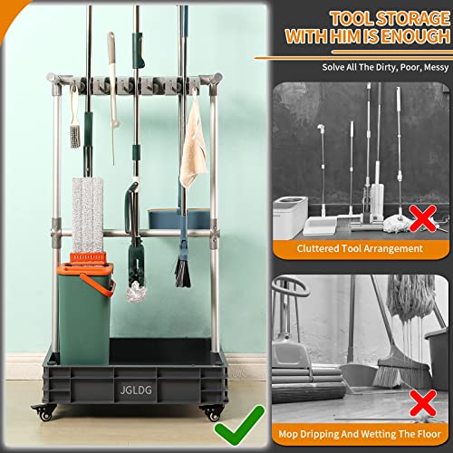 Broom mop Holder Cleaning Supplies Organizer Janitor carts on Wheels Housekeeping Station Storage Tools for Garage, Garden, Closet, Cabinet
