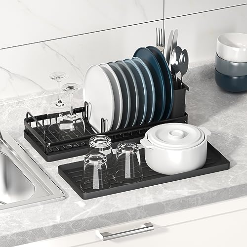 CHLORYARD Small Dish Drying Rack, Compact Sink Dish Drainer Plate Organizer with Utensil Holder and 2pcs Silicone Drying Mats for Kitchen Counter, RVs, Apartments