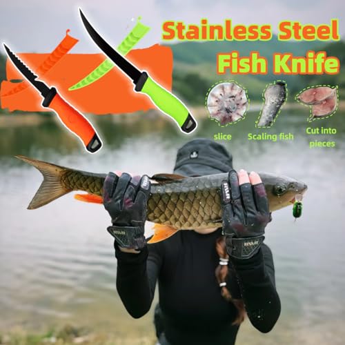 Fishing Knife Set, Fish Cleaning Kit, Filet Knife for Fish, Fish Scale Cleaning Brush, Multi-Functional Scissors, Gloves, Fishbone Tweezers, Storage Bag,Fishing Accessories,Fishing Tool Kit - size: 2PCS-Green&Orange