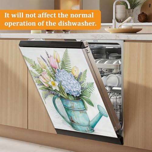 Watering Can Floral Dishwasher Sticker Cover, 23 x 26 Inch Magnetic Appliance Panel for Dishwasher, Reusable Waterproof Kitchen Decor for Refrigerator Door - color: Watering Can Floral