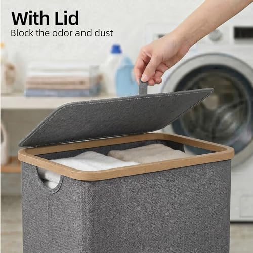 efluky Slim Laundry Basket with Lid, Narrow Laundry Hamper with Removable Bag, Skinny Dirty Clothes Basket with Bamboo Handles for Bathroom, Bedroom & Laundry Room, 75L Grey - color: Grey, size: 75L