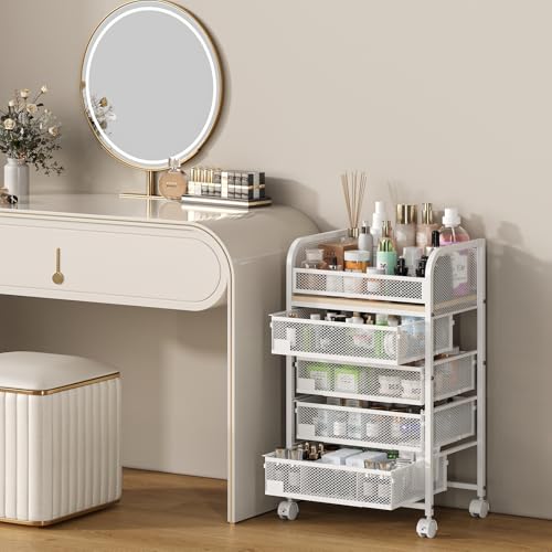Makeup Organizer with 4 Drawers, Skincare Storage, Floor Skincare Organizers with Wheels Nameplates,Vanity Cosmetic Holder for Perfume, Nail Polish, Brushes, White