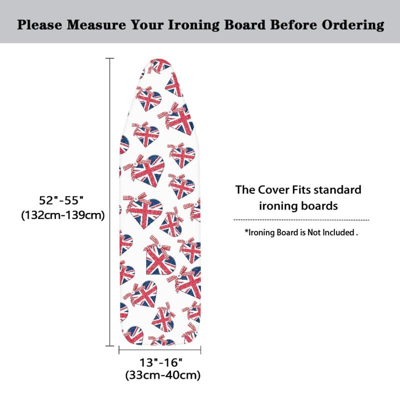 British Flag Heart Steam Ironing Board Replacement Cover Bowknot Union Jack Steam Ironing Board Cover ove Pattern Patriot United Kingdom Flag Stain Resistant, Machine Washable - color: British Flag Love