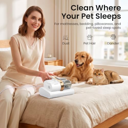 HEAPETS Mattress Vacuum Cleaner, 16Kpa Bed Vacuum with 275nm UV-C Light & 149℉ Heat & Ultrasonic, Dual High-Speed Roller Brushes & H13 HEPA Filter for Pet Hair, Bed, Sofa, Couch, Corded White - color: White