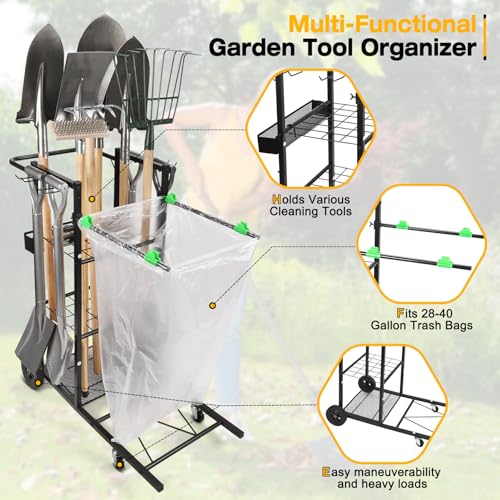 CAROD Mobile Trash Bag Holder and Tools Organizer Cart 2-in-1, Metal Cleaning Carts on 360° Wheels, Convenient Leaf Bag Holder Cleaning Cart for Leaves, Snow, Indoor-to-Outdoor Maintenance