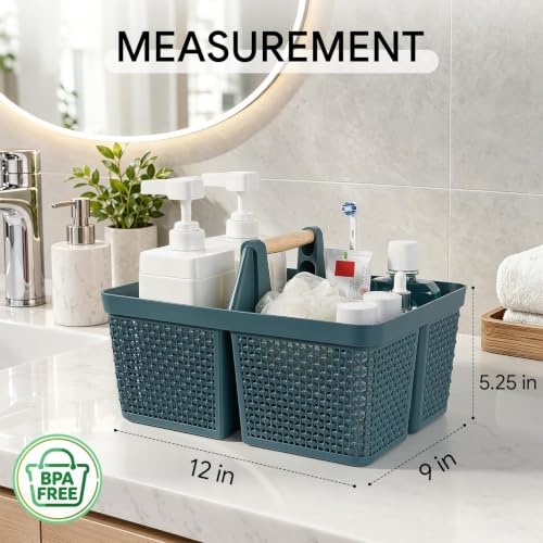 Portable Plastic Shower Caddy Basket with Wooden Handle, Bluish Green - color: Bluish Green