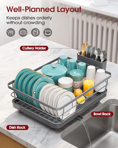 Sakugi Dish Drying Rack - Stainless Steel Dish Rack with Drainboard for Kitchen Counter and Sink, 15.6" D x 12" W x 5" H, Grey - color: Gray, size: 15.6"D x 12"W x 5"H