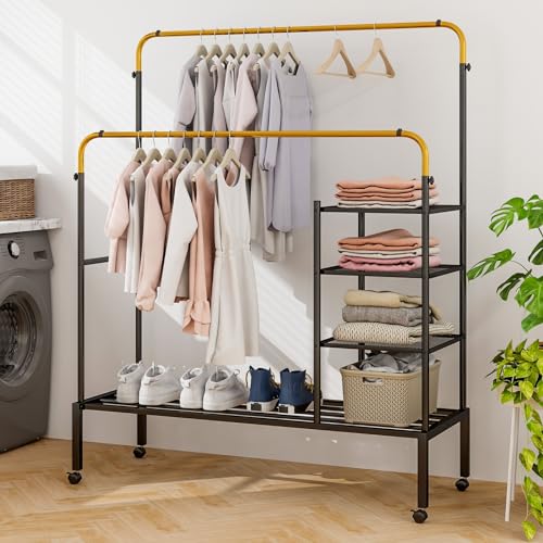Tangkula Rolling Double Rods Garment Rack, Clothes Drying Rack with Height Adjustable Hanging Bars, Storage Shelves & Lockable Wheels, Heavy-duty Steel Clothing Rack for Indoor & Outdoor Use (Gold) - color: Gold