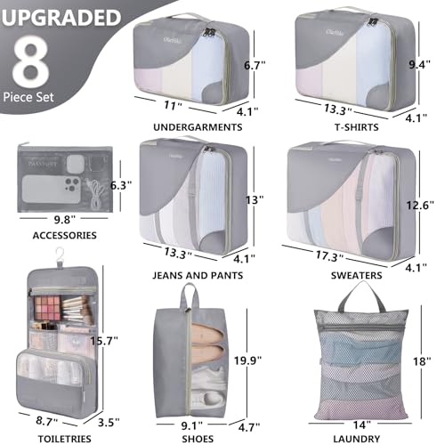 OlarHike 8 Set Packing Cubes for Travel,Gifts for Women Mom,Anti-Tearing Suitcase Organizer,with Over 1000 pcs Mesh Holes,Vacation Essentials & Accessories for Cruise Ship - color: 04 Gray