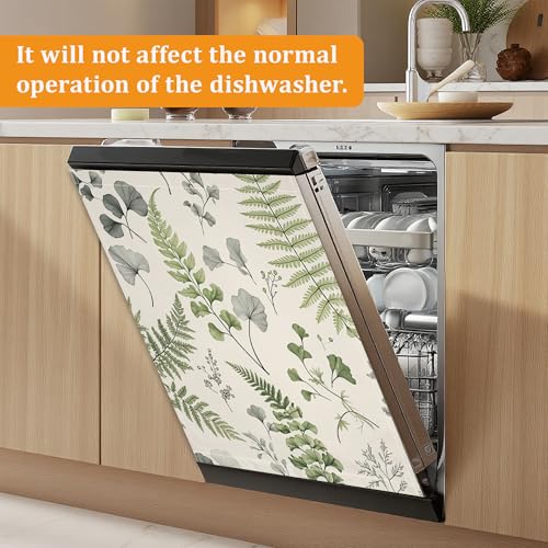 Green Leaves Fern Magnetic Dishwasher Door Cover, 23 x 26 Inch Kitchen Appliance Panel, Waterproof Reusable for Dishwasher and Refrigerator - color: Green Leaves Fern
