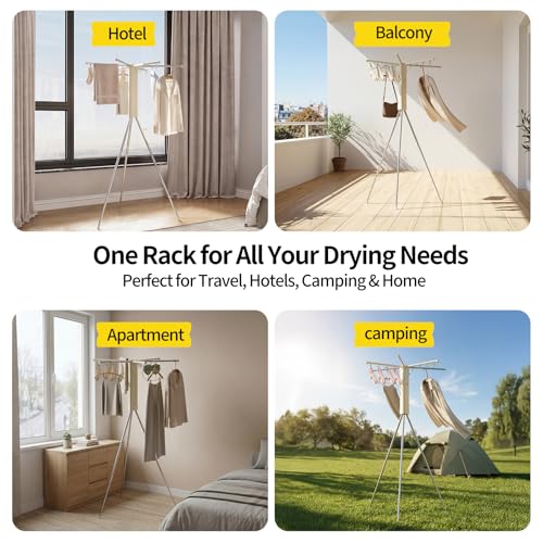 BIREN Foldable Clothes Drying Rack Tripod Clothes Rack with Clips Heavy Duty Laundry Rack Portable Clothing Racks for Travel, Camping, Hotel, Apartment, 6 Poles - size: 6 poles