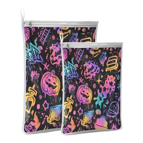 Mesh Laundry Bags Lingerie Bags for Washing Delicates 2 PCS Durable Wash Bag with Zipper Small and Medium Washable Black Punk Pumpkin Halloween - color: Black Punk Pumpkin Halloween