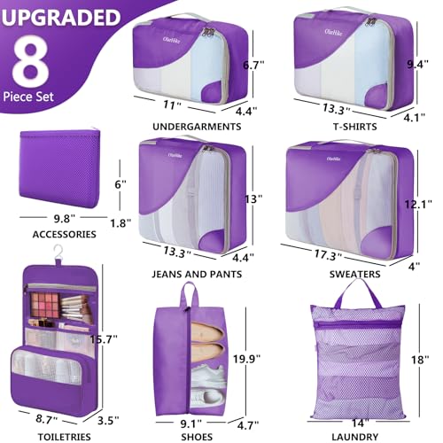 OlarHike 8 Set Packing Cubes for Travel,Gifts for Women Mom,Anti-Tearing Suitcase Organizer,with Over 1000 pcs Mesh Holes,Vacation Essentials & Accessories for Cruise Ship - color: 10 Purple