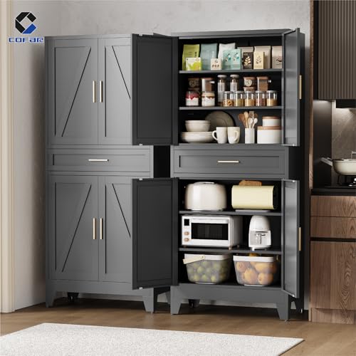 COFaR 71'' Tall Metal Pantry Cabinet with Drawer, Kitchen Storage Cabinet with 4 Doors and Shelves, Freestanding Farmhouse Food Cupboard for Kitchen Dinning Room Garage, Black 6-Tier - color: Black, size: 71'' 4 Doors 1 Drawer-Tree Door