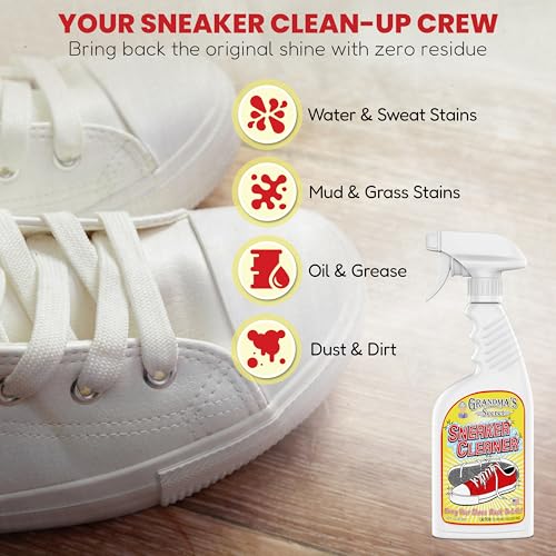 Grandma's Secret Shoe Cleaner - Stain Remover Spray for Rubber, Canvas and Leather - Removes Dirt, Grime and Grass - Sneakers Cleaner for Outdoor Shoes, Slippers and Moccasins 16 oz - size: 16.00 Fl Oz (Pack of 1), style: Sneaker Cleaner