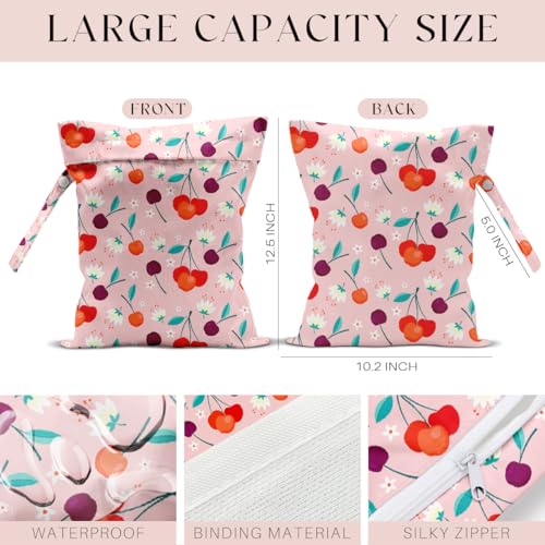 Wet Bag, Wet Dry Bag, Waterproof Swim Bags, Machine Washable Reusable Bags for Beach, Pool, Diapers, and Dirty Yoga Gym Clothes(Cherry Blossoms and Cherries Print - color: Colorful Cherries & Mixed Fruits