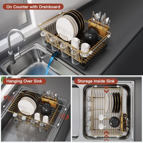 JASIWAY Gold Dish Drying Rack in Sink with Drainboard and Utensil Holder - color: Gold, size: For 12"-30"w Sink, with Drainboard