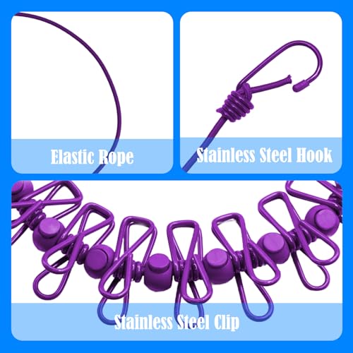 2 Pack Camping Clothesline Portable 12 Clothespins, Purple - style: Purple
