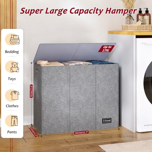 175L Laundry Hamper 3 Section,Large Laundry Hamper with Lid,Dirty Clothes Hamper with 3 Inner Bags,Collapsible Laundry Basket Organizer for Laundry Room,Bedroom,Laundry Sorter Hamper 3 Compartment - color: Grey, size: 175L