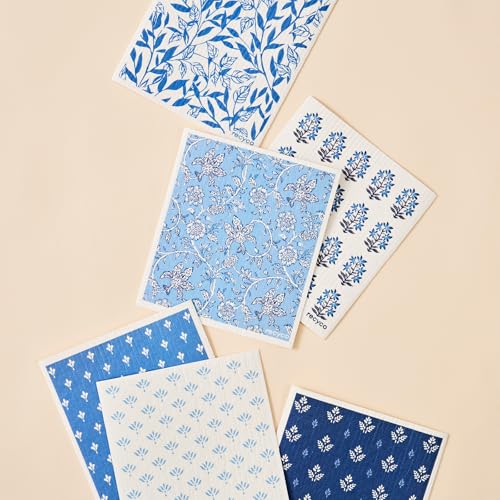 RECYCO Swedish Dishcloths for Kitchen | 6 Pack Heritage Florals Blue Washable Dish Rags | Cellulose Reusable Cleaning Paper Towels | Absorbent Counter Dish Cloth Sponge Kitchen Wipes, 8" L x 7" W - color: Heritage Florals Blue - 6 Pack