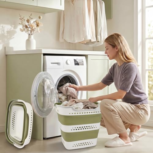 2 Pcs 42L/11.2 Gal Collapsible Laundry Basket - Foldable Plastic Pop Up Hamper with Handles, Space-Saving Storage Organizer for Wet & Dry Clothes, Ideal for Home, Dorm and Apartment Use Green - color: 2green