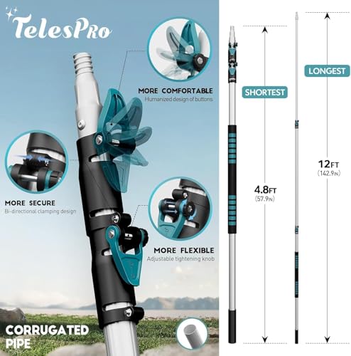 TelesPro 20 Foot High Reach Duster Kit with 5-12FT Extension Pole High Ceiling Dusting and Window Cleaning Kit with Telescopic Pole Window Washer&Squeegee,Cobweb Duster,Fan Duster and Feather Duster - size: 12 FT