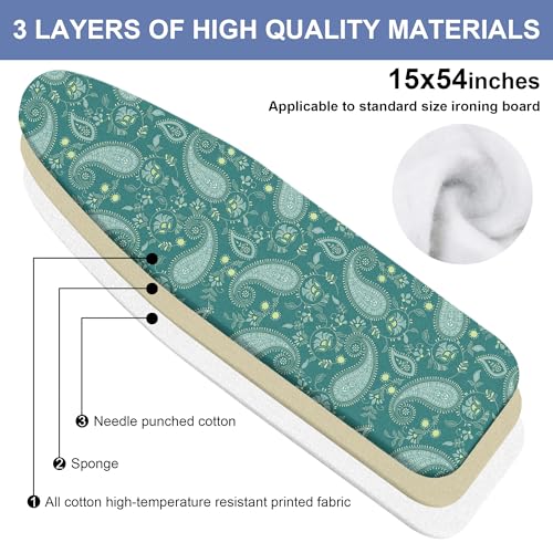 Paisley Ironing Board Cover and Pad 15x54 Inch, 100% Cotton Surface Durable Iron Cover, Standard Size Ironing Board Covers, with Elastic Edge & 2 Hook & Loop Fastener Straps for Easy Installation - color: Paisley01