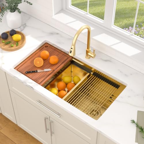 Dcolora 36"x19" Gold Undermount Stainless Steel Workstation Kitchen Sink - color: Gold, size: 36"x19"