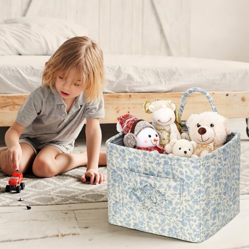 Storage Basket Boho Fabric Large Collapsible Floral Laundry Nursery Hamper Portable Folding Storage for Clothes Toys (Blue Floral B) - color: Blue Floral B