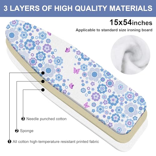 Flowers Ironing Board Cover and Pad 15x54 Inch, 100% Cotton Surface Heavy Duty Iron Cover, Standard Size Ironing Board Covers, with Elastic Edge & 2 Hook & Loop Fastener Straps for Easy Installation - color: Flowers01