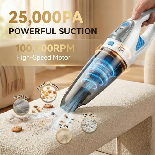 Handheld Vacuum Cordless, 25000Pa Powerful Suction Car Vacuum Portable Cordless with 8000mAh Battery & LED Light, Hand Held Vacuum Rechargeable with HEPA Filters, Home, Car Seats, Pet Hair White - color: White