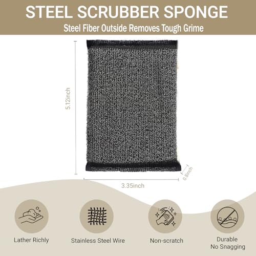 6 Pack Heavy Duty Steel Wool Scrubber Sponges, Stainless Steel Scrubbing Sponge for Pots, Pans & Grills, Multi-Surface Kitchen Dish Scrubber for Cast Iron & Griddle, Black