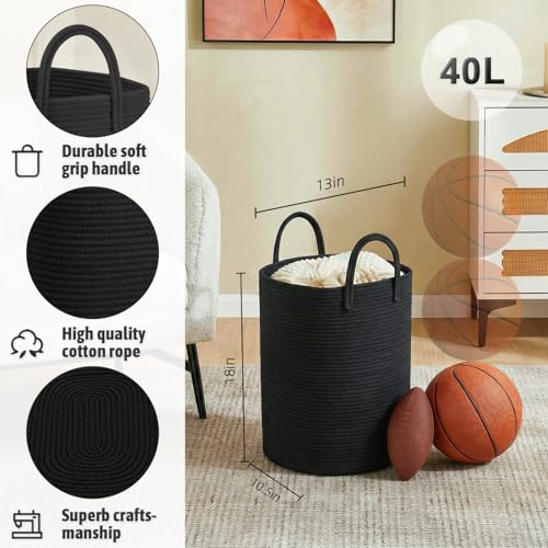 Artfeel Laundry Basket,Woven Cotton Rope Laundry Hamper,100L Versatile Storage for Dirty Clothes,Baby Toys,and Blankets in Bathroom, Nursery,and Living Room - color: Darkblack, size: 40L