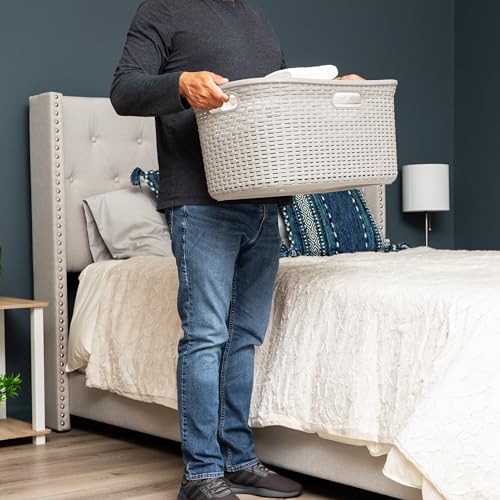Mind Reader 40L Laundry Basket, Clothes Hamper, Premium Wicker Design, Plastic, Set of 2, Ivory - color: Ivory, size: 2-Pack