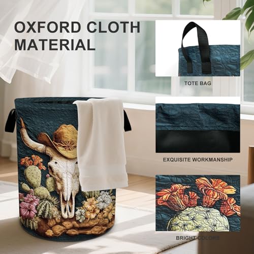 Western Cow Laundry Basket Collapsible Oxford Cloth Fabric Hamper,Tote Bag Portable Storage Bin for Bedroom Bathroom Laundry Room 19.6x15.7 Inch - color: Western Cow