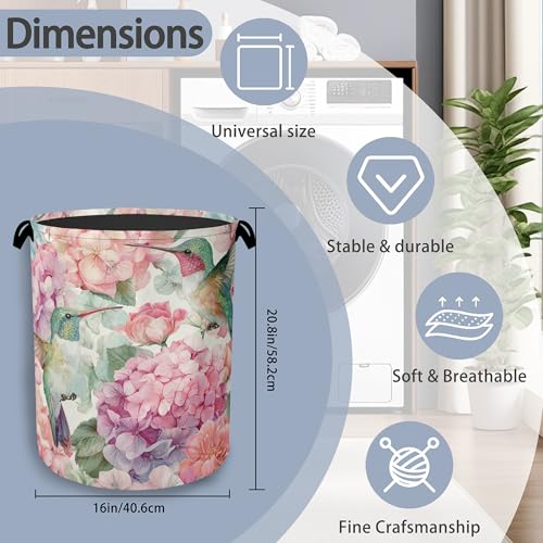 Hummingbird Laundry Hamper,Pink Flower Floral Dirty Clothes Laundry Basket with Handles Waterproof Oxford Cloth Storage Basket for College Dorms Bathroom Bedroom 16" x 20.8" - color: Hummingbird Pink Flower Floral